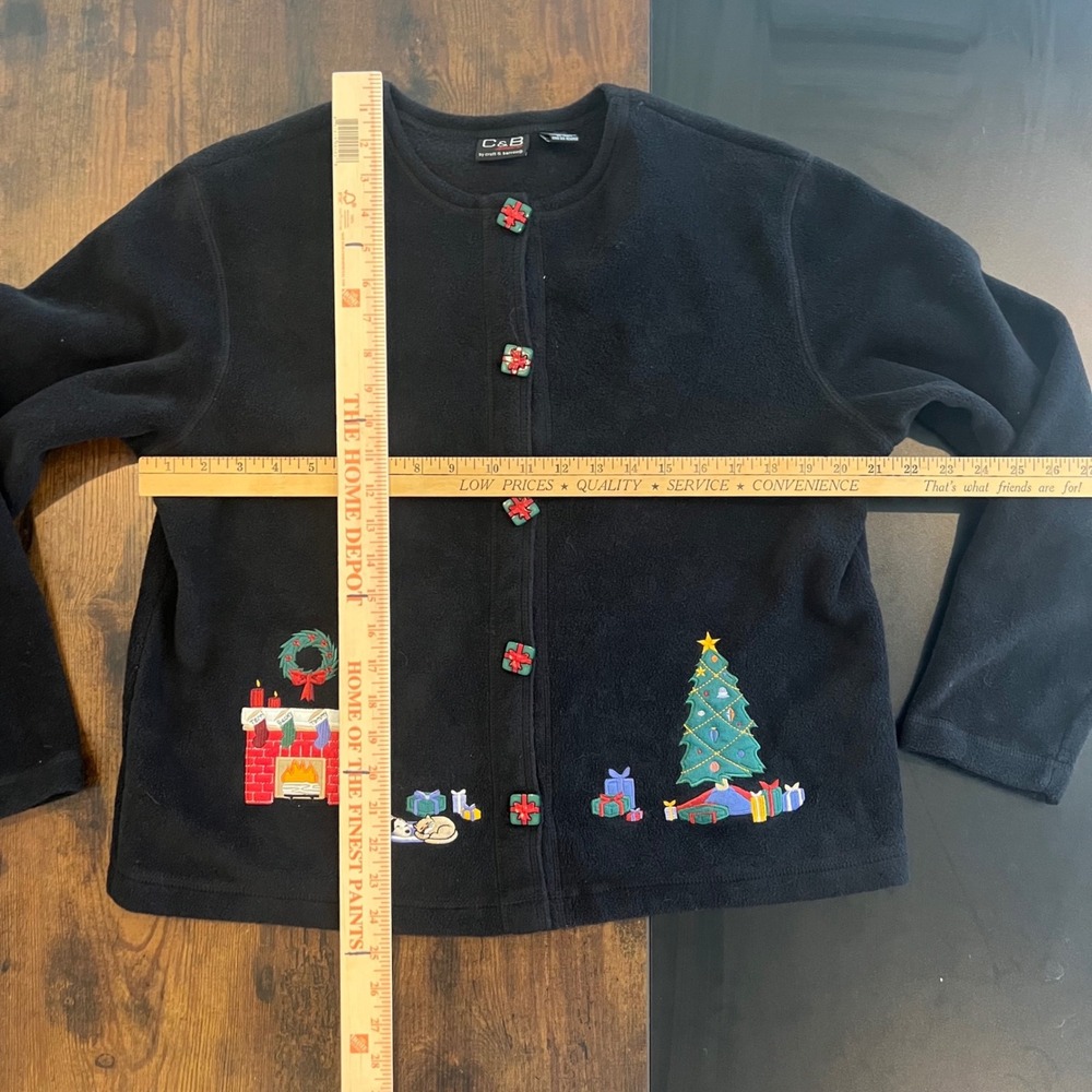 C&B Sport Croft & Barrow Black Fleece Christmas Cardigan Embroidered Medium - Picture 2 of 7